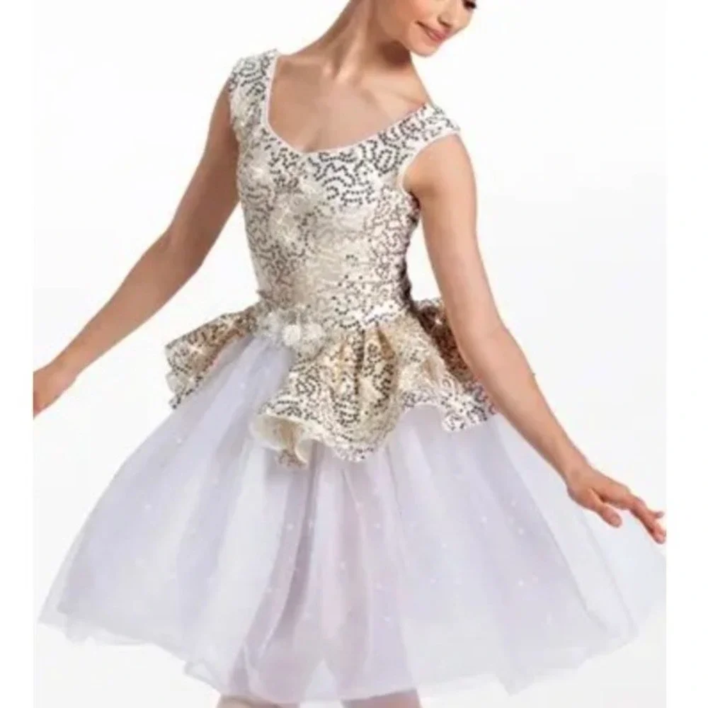 Weissman Kids Dance Costume Dress L White Gold Sequin Ballet Tutu Fairy Princess